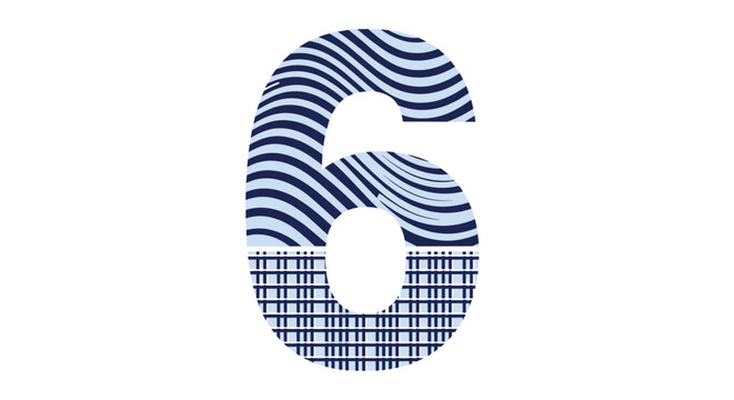 Stylized number six illustration with wavy blue patterns and striped textures used for countdowns or anniversary graphic design elements.