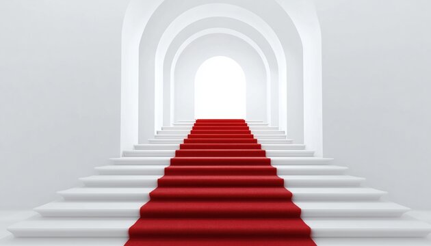 White Stair And Red Carpet In White For Business, Progress, Growth, Career, Success, Development, Faith, Religion, Or Vision S. A Symbol Of Aspiration.