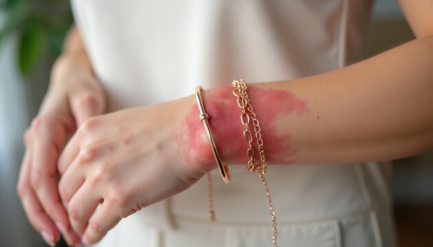 Woman shows red skin rash on wrist under rose gold bracelet. Contact dermatitis from jewelry allergy causes inflammation and itching. Healthcare concept.
