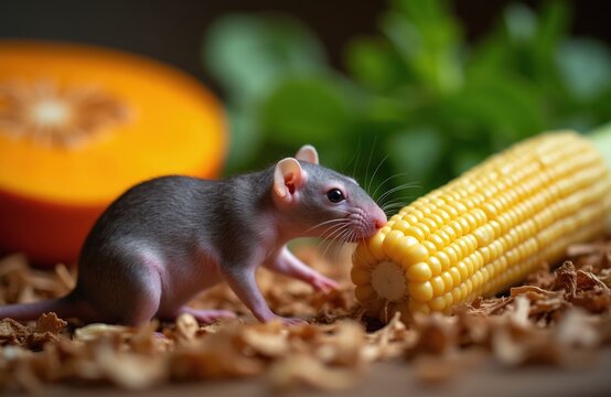 Small grey rodent eats yellow corn cob. Blurred orange pumpkin and green leaves background. Rodent sits on wood shavings bedding. Cute pet eats natural food.