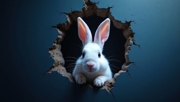 White rabbit peers through hole in dark blue wall. Small cute animal looks out curiously. Bunny face with big ears and whiskers. Soft fur texture detail. Digital artwork illustration.