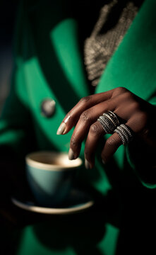 Close-up of a dark skin hand with silver rings and manicured nails beside a coffee cup in soft natural light.