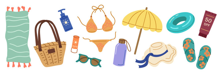 Obraz premium Collection of summer beach accessories and clothing with flip flops inflatable ring summer fashion accessories vacation swimsuit umbrella sunglasses sunscreen collection illustration