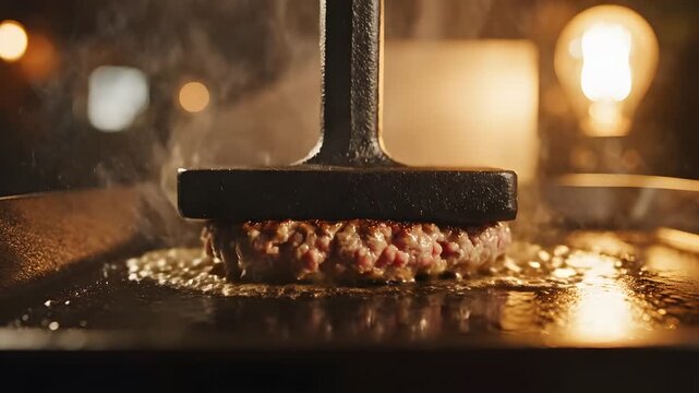 Sizzling hamburger patty being pressed on a grill with steam rising
