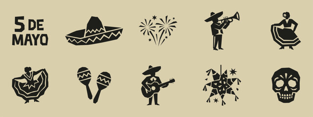 Fototapeta premium Cinco de Mayo Mexican festival icon set with mariachi musicians dancers and piñata silhouettes