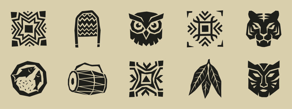 Tribal ethnic icon set featuring owl tiger drum geometric patterns and fish symbols