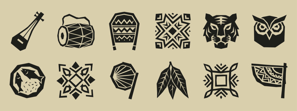 Set of black geometric folk art icons with tiger owl musical instruments and tribal patterns