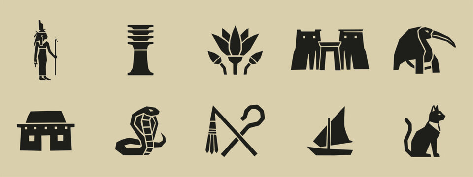 Black silhouettes of ancient Egyptian icons including cat cobra lotus and temple symbols