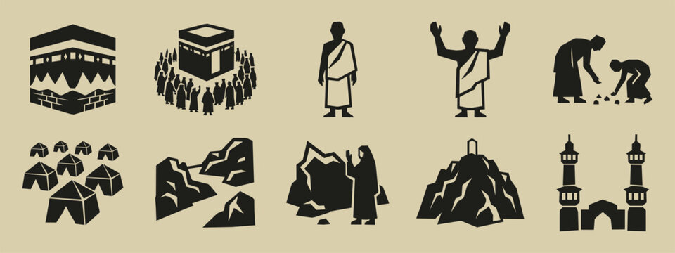 Islamic Hajj and Umrah pilgrimage icons set depicting Kaaba, pilgrims, and holy sites