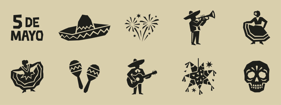 Cinco de Mayo Mexican festival icon set with mariachi musicians dancers and pi&ntilde;ata silhouettes