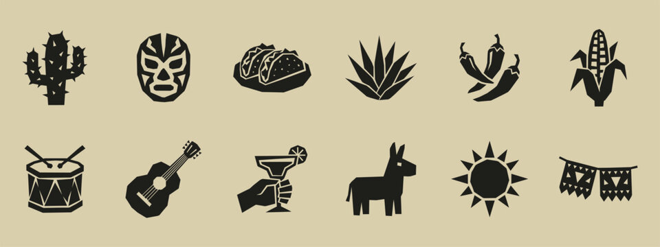 Mexican culture icon set with cactus luchador mask taco agave chili and guitar silhouettes