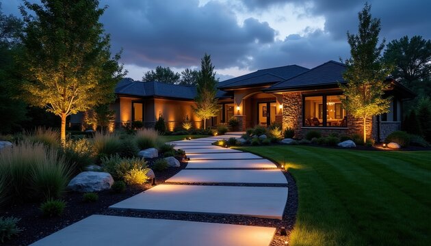 Modern house entrance at dusk with illuminated pathway and garden. Contemporary luxury home exterior features landscaping lights and manicured lawn. Elegant design showcases architectural style.