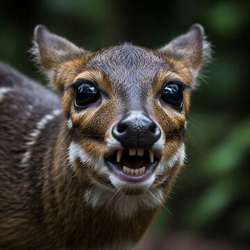 Captivating Portrait of a Mouse-Deer Showing Teeth with a Wide-Eyed Gaze in Nature