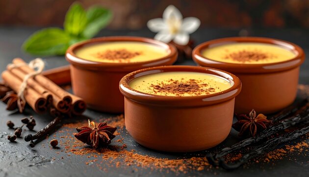 Three creamy custard desserts in brown ramekins, dusted with spice, surrounded by spices, on a dark textured surface