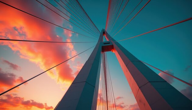 Modern cable stayed bridge structure seen from below at sunset. Abstract perspective of concrete and steel towers with red orange clouds in sky.