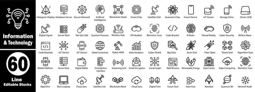 Modern information technology line icons. Collection with artificial intelligence blockchain nodes, smart devices, cloud sync, and network connectivity.