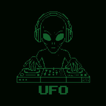 A high-quality vector illustration featuring a cyberpunk alien DJ on a black background, rendered in a retro dot-matrix pixel style.