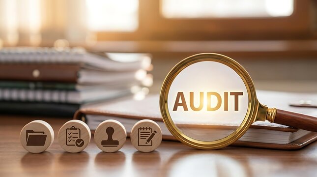 Audit concept with magnifying glass reviewing documents and checklist icons for compliance and financial inspection