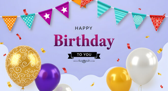 Festive happy birthday banner with vibrant balloons, colorful bunting flags, and glittering confetti, ideal for joyful celebrations and event decorations