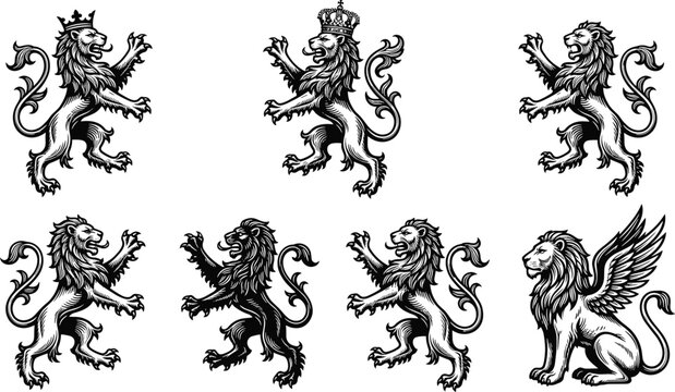 Heraldic lion set with crowns wings and different poses vintage engraving style medieval emblem vector illustration collection