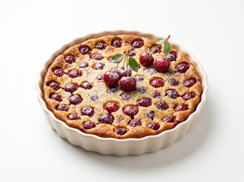 Homemade French Cherry Clafoutis in White Ceramic Dish with Fresh Fruit