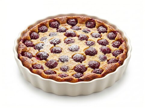 Side View of Cherry Clafoutis in Fluted White Baking Dish Isolated