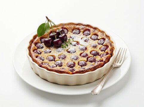 Traditional Cherry Clafoutis in White Baking Dish with Fork on Plate