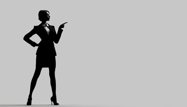 Confident Businesswoman In A Suit And High Heels, Asserting Authority And Guidance With Hand On Hip And Finger Pointing.