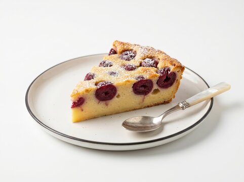 Elegant Slice of Cherry Clafoutis on Plate with Decorative Spoon