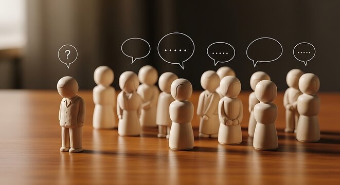 Wooden figures are exchanging ideas in an office context with speech bubbles above their heads in a minimalistic scene