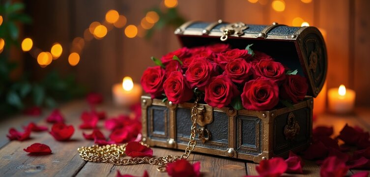 Open ornate chest overflows with red roses. Golden chain drapes over wooden table strewn with petals. Soft candlelight creates romantic ambiance. Perfect for expressing love.