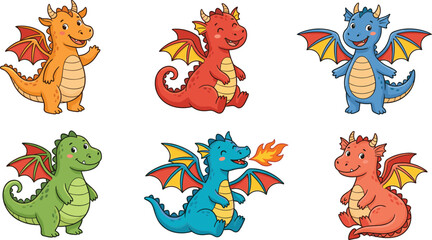 Naklejka premium Cute cartoon dragon set with colorful fantasy creatures fire breathing wings adorable characters flat vector illustration collection