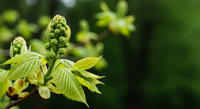 Close-up of Green Horse Chestnut Tree Buds and Young Leaves Blooming in Spring Forest