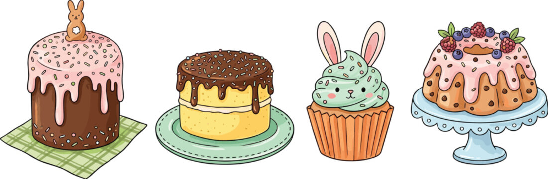 Easter desserts set with bunny cupcake cakes and sweet bakery treats festive holiday flat vector illustration collection