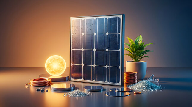 A solar panel, glowing sun sphere, and green plant represent renewable energy and sustainability