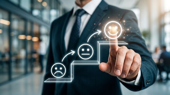 Customer Satisfaction Journey: A sharp-dressed individual elegantly gestures towards a graphic depicting the customer experience journey.