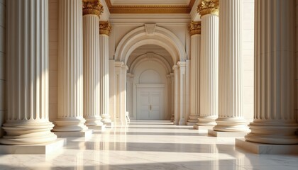 Obraz premium Grand classical hallway with fluted columns, arched entryway. Marble floor reflects sunlight creating geometric patterns. Ornate gold ceiling details visible. Architecture concept for history luxury.
