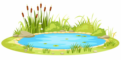 cartoon pond with blue water and green vegetation isolated © Tusar
