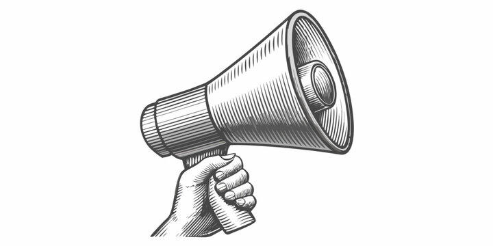 Hand holding a bullhorn loudspeaker vintage style engraving