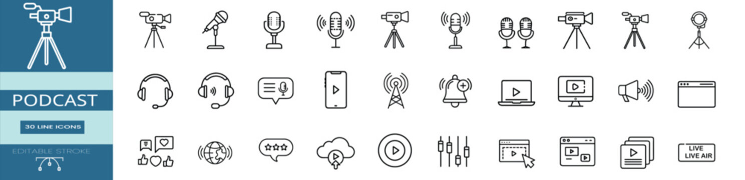 Online vlogging and audio production web line icons set recording mic film production camera vlog ring light studio live sign social media interaction & more vector illustration with editable stroke