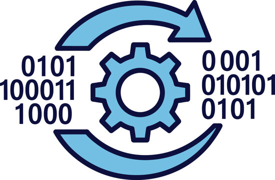 Gear, coding, binary code, algorithm, data processing, blue vector icon