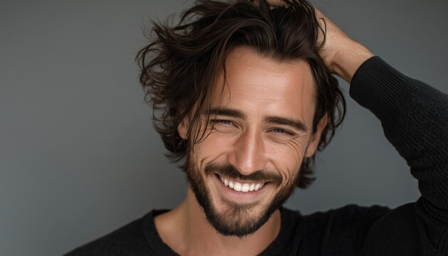 Man With Healthy Hair And A Bright Smile, Free Of Dandruff, Posing For A Portrait. Smile And Healthy Hair On Display.