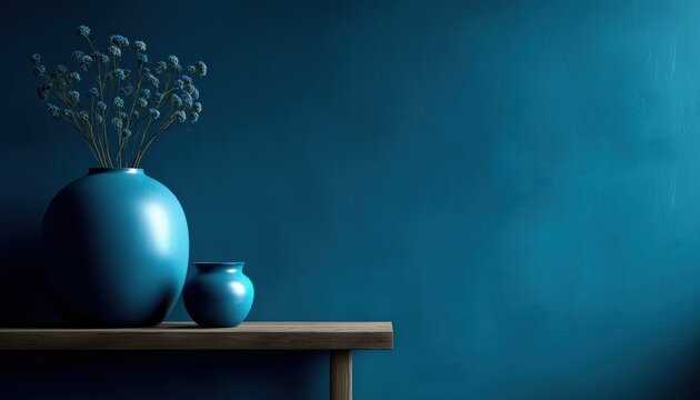 Interior Design: Blue Wall And Vase - A Beautiful Interior Featuring A Striking Blue Wall And A Stylish Vase As The Focal Point.
