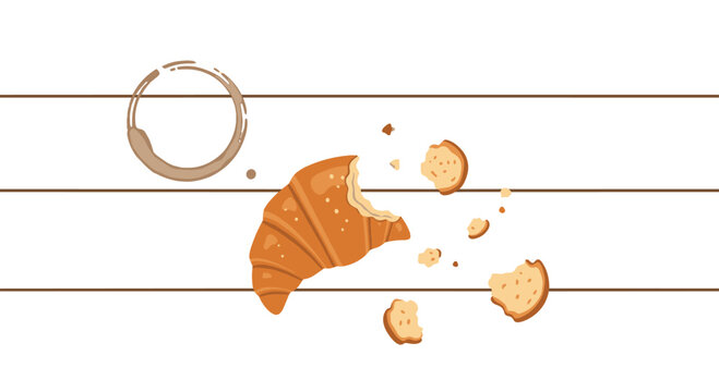 A golden bitten croissant with scattered crumbs rests on a light wooden surface marked by a single dark circular coffee ring stain in a minimalist vector illustration.