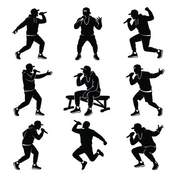 9 Rapper Performance Silhouette Vector Set - Hip Hop Singer Poses with Microphone