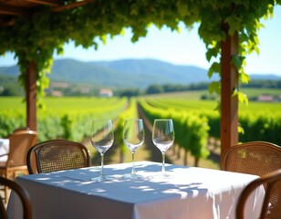 Naklejka premium Table set with wine glasses on white tablecloth overlooks green vineyard rows under sunny sky. Outdoor dining area under vine canopy at winery offers scenic view for meal.