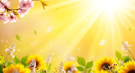 Fototapeta premium Spring background with cherry blossoms and sunflowers under bright sunny yellow sky