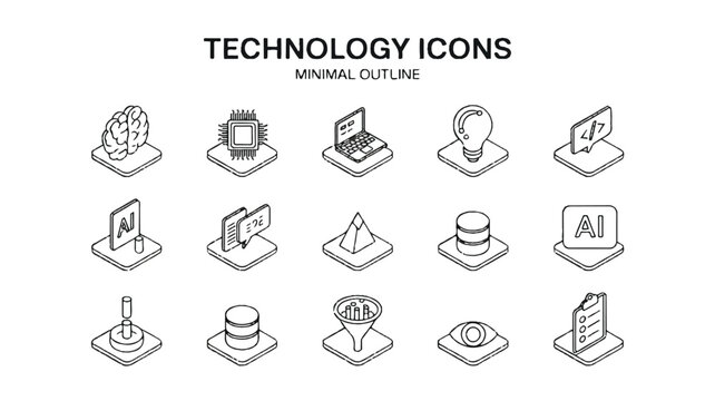 Minimalist isometric icons representing technology and business concepts, ideal for digital design and presentations