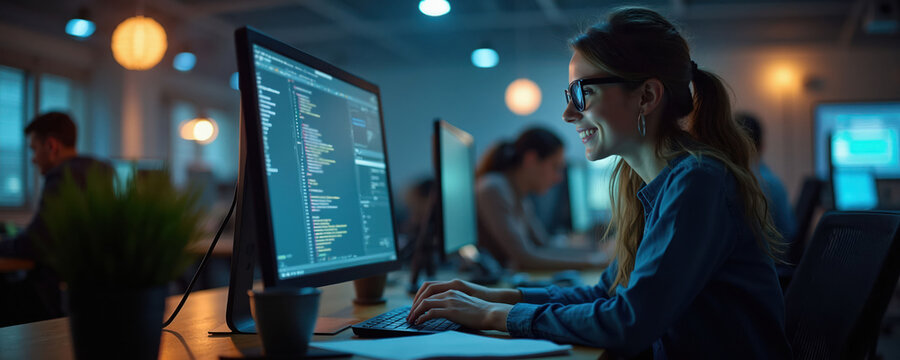 Young woman programmer types code on computer in dim office at night. Smiling coder works late on software project. Colleagues busy at desks in background. Modern tech workspace.