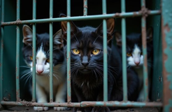 Three sad stray cats sit in a metal transport cage. They look out from behind bars with yellow eyes. Their fur is dirty. Life is hard for homeless animals.